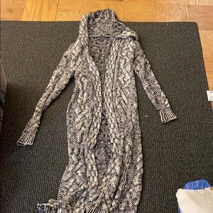 Long black and white hooded sweater